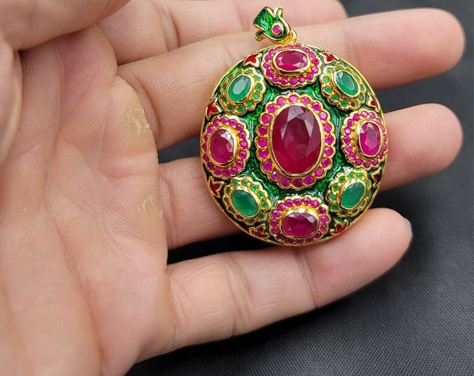 Gorgeous Enamel Vintage Pendant 20k Gold Over Sterling Silver High Quality Ruby And Emerald Gemstone Victorian Pendant