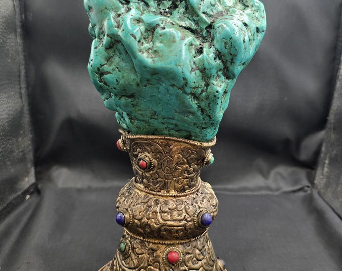 Tibetan Turquoise Stone: Silver & Brass Temple Stamp Art Deco