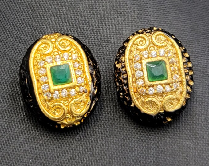 Beautiful 1 Pair Vintage Silver Victorian Beads With Natural Green Emerald Gemstone