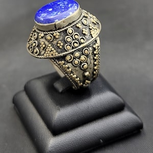 Handmade Lapis Lazuli Silver Statement Ring - Afghanistan Vintage Style, Size 11