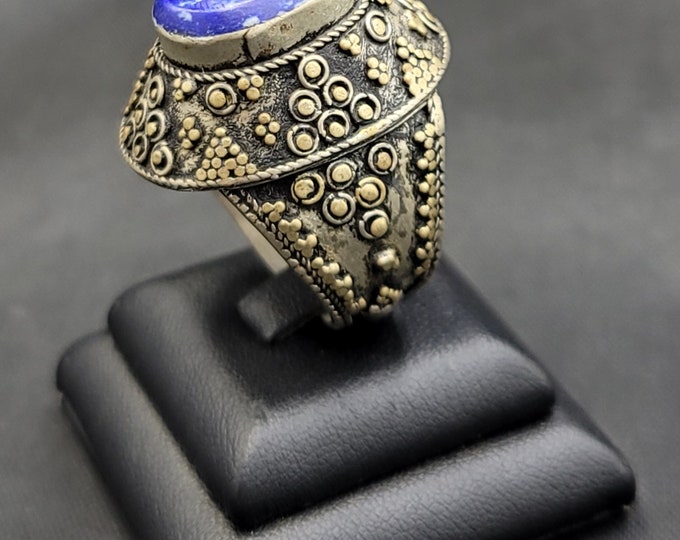 Afghanistan Beautiful Natural Lapis Lazuli Stone Old Silver Big Statement Ring