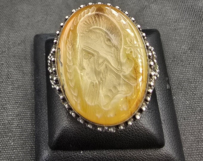 Wonderful Antique Soild Silver Ring With Natural Yellow Agate Stone Greek King Intaglio