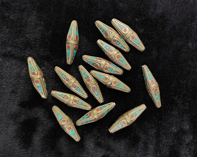 Vintage Tibeten Brass Beads With Turquoise And Coral Stone Inlaid