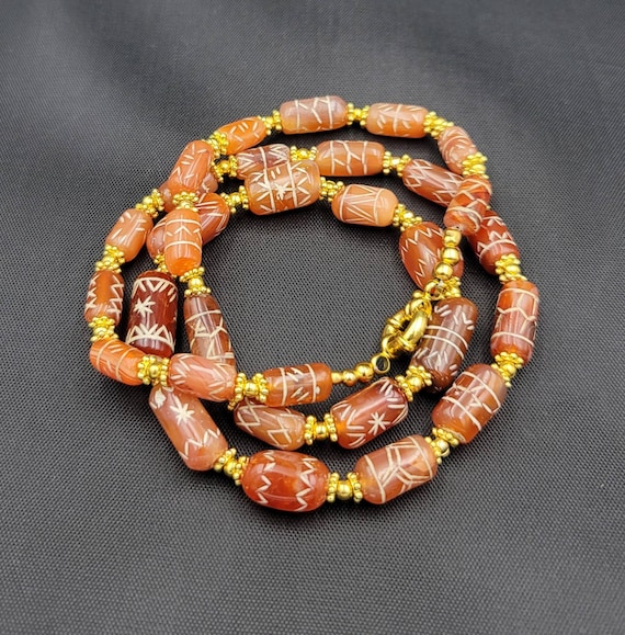 希少な古代エッチングカーネリアンビーズアンティークネックレス