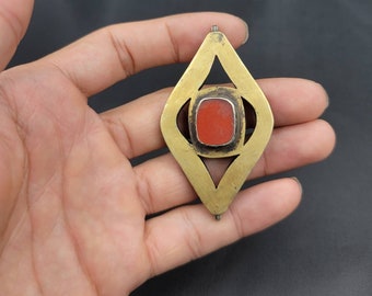 Antique Old Silver And Gold Turkmani Pendant Connecter With Ancient Agate Stone