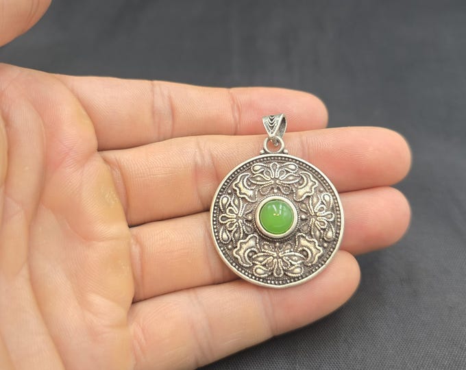 Handmade Vintage Authentic Silver Tibeten Pendant With Natural Green Jade Stone