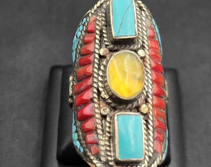 Vintage Turquoise & Coral Sterling Silver Ring - Size 10