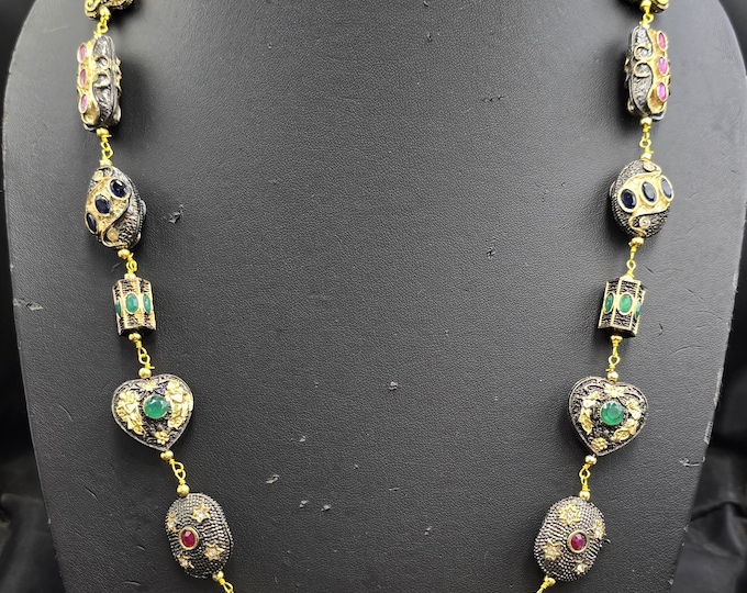 Amizing Antique Beads Mughal Design Gold Gulding Handmade Necklace With Natural Gemstones