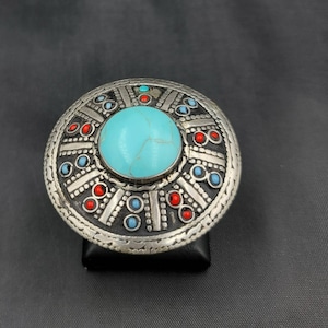 Huge Vintage Afghan Old Silver Ring With Natural Turquoise And Tinny Coral Gemstone