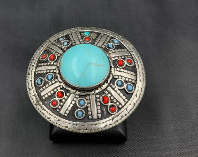 Huge Vintage Afghan Old Silver Ring With Natural Turquoise And Tinny Coral Gemstone