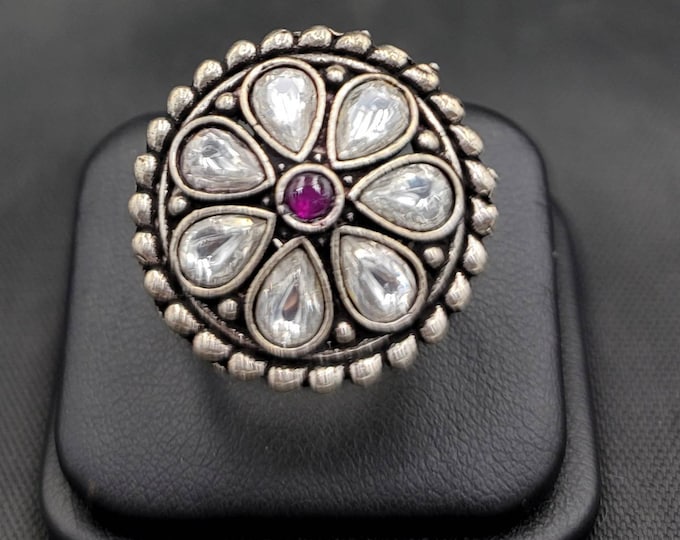 Beautiful Antique Near Eastern Silver Ring With Natural Red Garnet And White Toppaz Gemstone