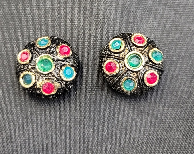 Silver Beautiful Victorian 1 Pair Beads With Natural Green Emerald And Ruby Gemstone