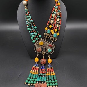 Handmade Tibetan Silver Necklace: Turquoise, Coral & Copal Gemstone Pendant