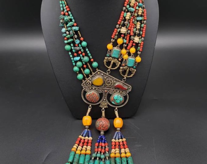 Gorgeous Antique Quality Boho Tibeten Turquoise And Coral Silver Necklace