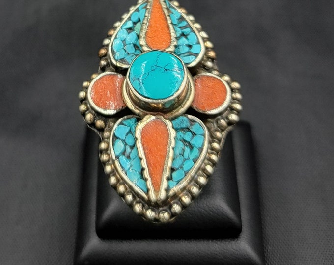 Boho Vintage Beautiful Silver Ring With Natural Turquoise And Coral Gemstone
