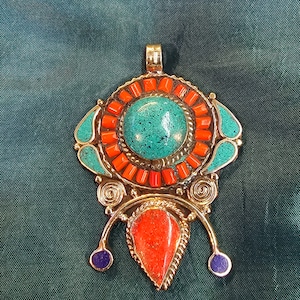 Tibeten Design Old Silver Pendant With Natural Turquoise And Coral