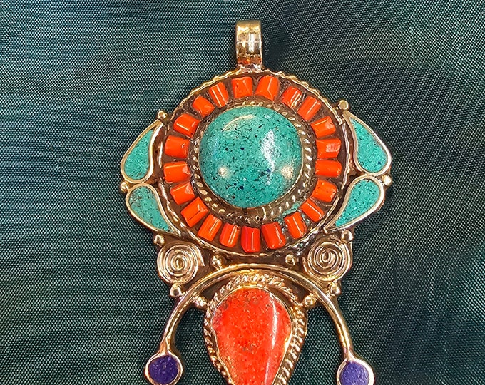 Tibeten Design Old Silver Pendant With Natural Turquoise And Coral