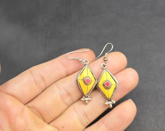 Tibetan Silver Earrings: Yellow Howlite & Red Coral, Handmade Vintage Style
