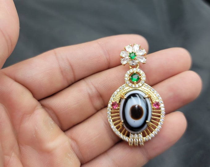 Gold on Silver Antique Pendant With Agate Stone Evil Eyes Powerful Protection Pendant