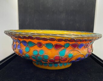 Vintage Beautiful Handmade Copal Bowl / Plate With Turquoise Coral and Lapis Stone