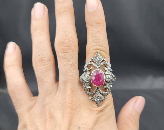 Natural Red Ruby Gemstone Vintage 20k Gold Over Silver Victorian Ring With Tinny Daimond Surround