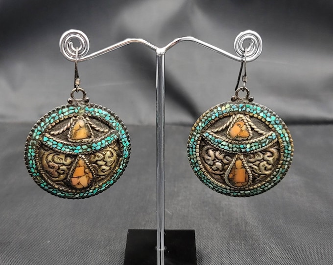 Baho Tibeten Silver Beautiful Earrings With Natural Turquoise And Coral Stone