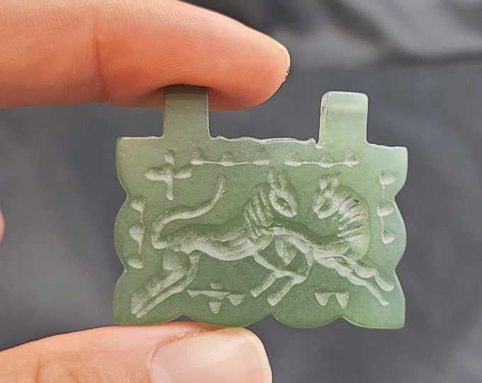 Beautiful Antique Afghan Jade Stone Pendant Amulet With Loin And Deer Intaglio