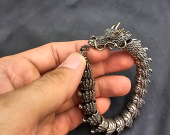 Handmade Tibetan Dragon Solid Silver Bangle Bracelet (18cm)