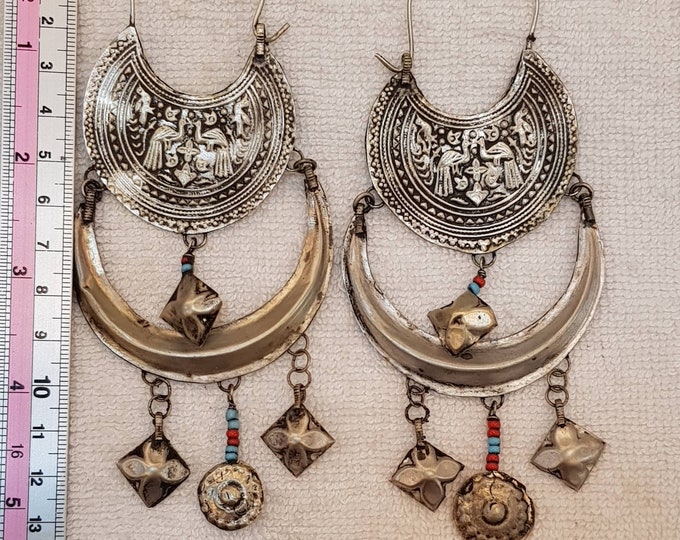 Unique Rare Antique Old Silver Huge Wonderful Greek Design Earings