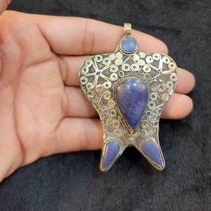 Vintage Afghanistan Silver Pendant: Carved Fish with Lapis Lazuli