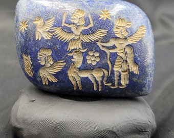 Ancient Lapis Lazuli Intaglio Tablet: Winged Figures Carved Stone