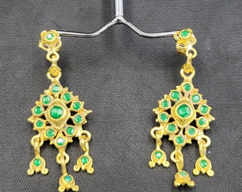 Vintage Gold Plated Silver Earrings: Natural Emerald Gemstone, Handmade