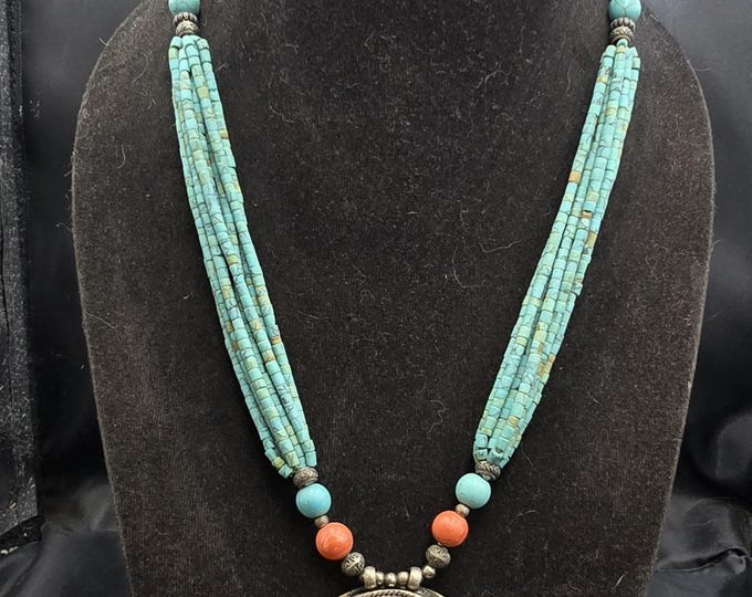 Antique Silver Turquoise Stone Pendant Necklace: Tibetan Design
