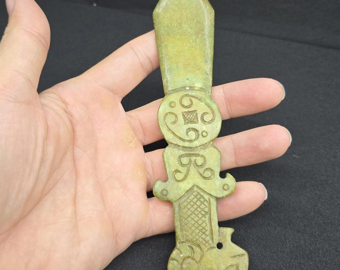 Ancient Green Jade Stone Unique Tibeten Sword Knife With Lucky Drogon Handle