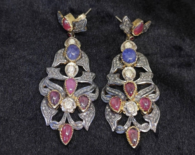 Wonderful Vintage Gold Over Silver Earrings With Daimond Ruby And Sapphire Gemstone
