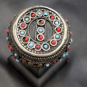 Afghanistan Silver Ring: Turquoise & Coral Stone, Size 9