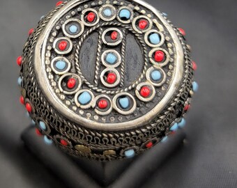 Afghanistan Silver Ring: Turquoise & Coral Stone, Size 9