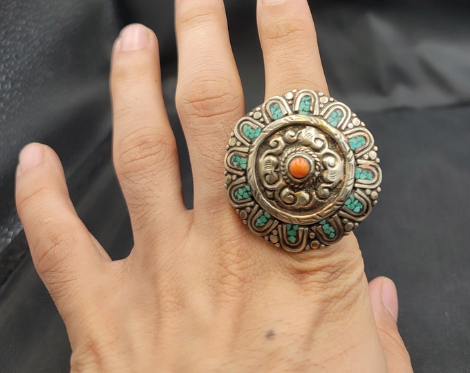 Genuine Antique Old Natural Big Coral Huge Od Ring Silver Coral