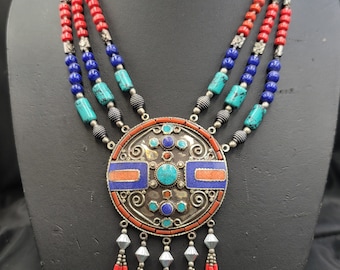 Vintage Tibetan Silver Necklace: Turquoise & Coral Boho Design