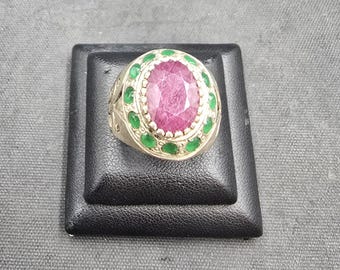 Vintage Handmade Silver Ring: Natural Ruby & Emerald, Size 8 3/4