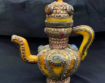 Handmade Copal Teapot: Antique Style Agate, Turquoise & Coral Gemstone Decoration
