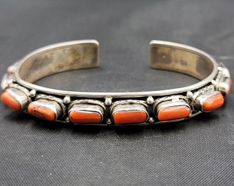 Vintage Silver Bangle Bracelet with Natural Coral Stone