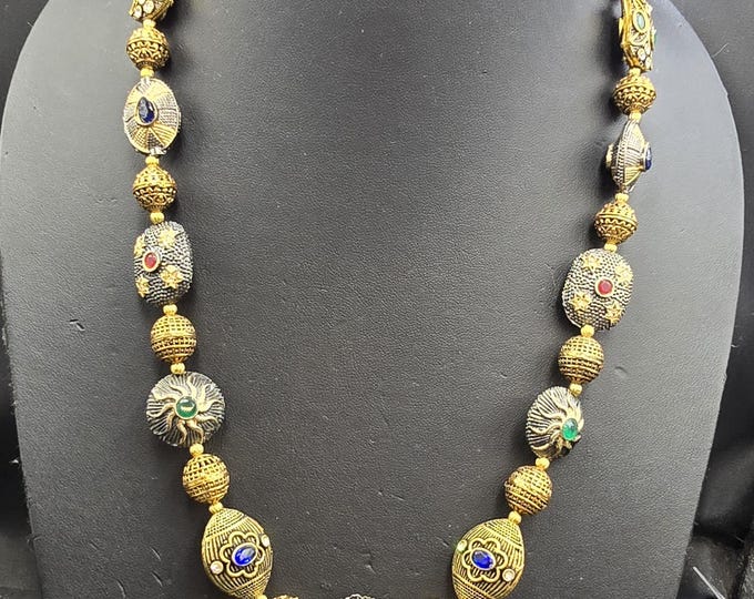 Vintage Mughal Design Necklace: Handmade Gold Plated Beads with Ruby, Emerald & Sapphire