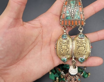 19th Century Tibetan Silver Brass Necklace: Turquoise & Coral Gemstone