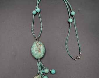 Vintage Handmade Tibetan Turquoise Stone Necklace - 92cm