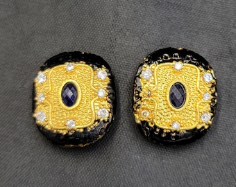 Oxidized Silver Gold Plated Beads: Sapphire Gemstone Pair (23mm)