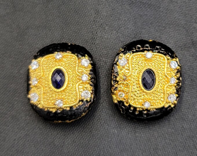 Beautiful Pair Silver Gold Gulding Beads Oxidising Silver With Natural Sapphire Gemston