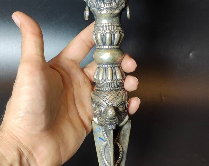 Beautiful Tibetan Ritual Dagger (Phurba) Silver Handcrafted  Mahakala Face Art Deco