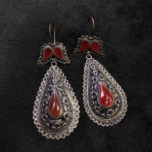 Vintage Kazaki Silver Earrings: Red Agate Stone, Afghanistan Jewelry