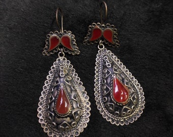 Vintage Kazaki Silver Earrings: Red Agate Stone, Afghanistan Jewelry